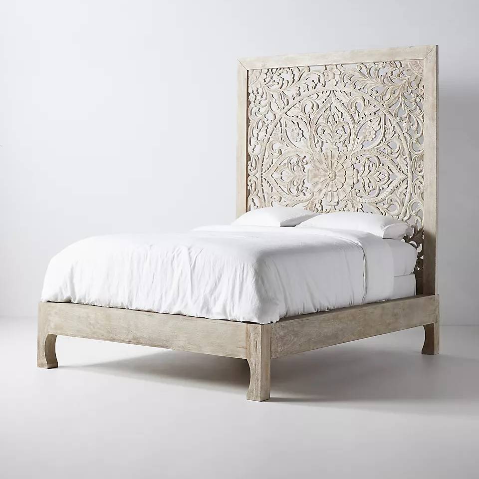 Кровать 2х-спальная с высоким резным изголовьем bed019 - фото